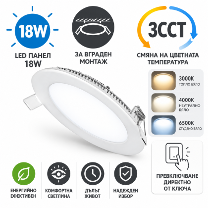 LED Панел за вграждане 18 W  Ф22 ,3 CCT,  с вкл. драйвър 
